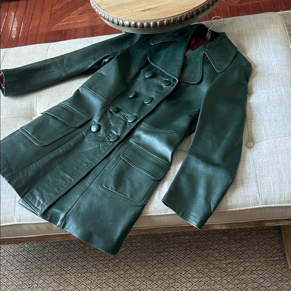 Leather Craft of Malvern Emerald Green Double Breasted Leather Collared Trench
